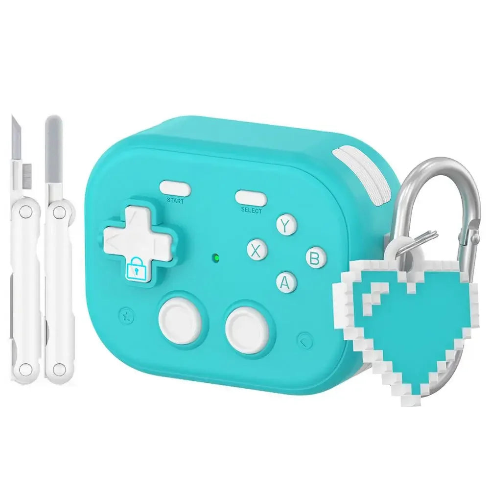 Teal silicone game controller AirPods case with pixel heart charm and carabiner. Retro gaming design for AirPods Pro.