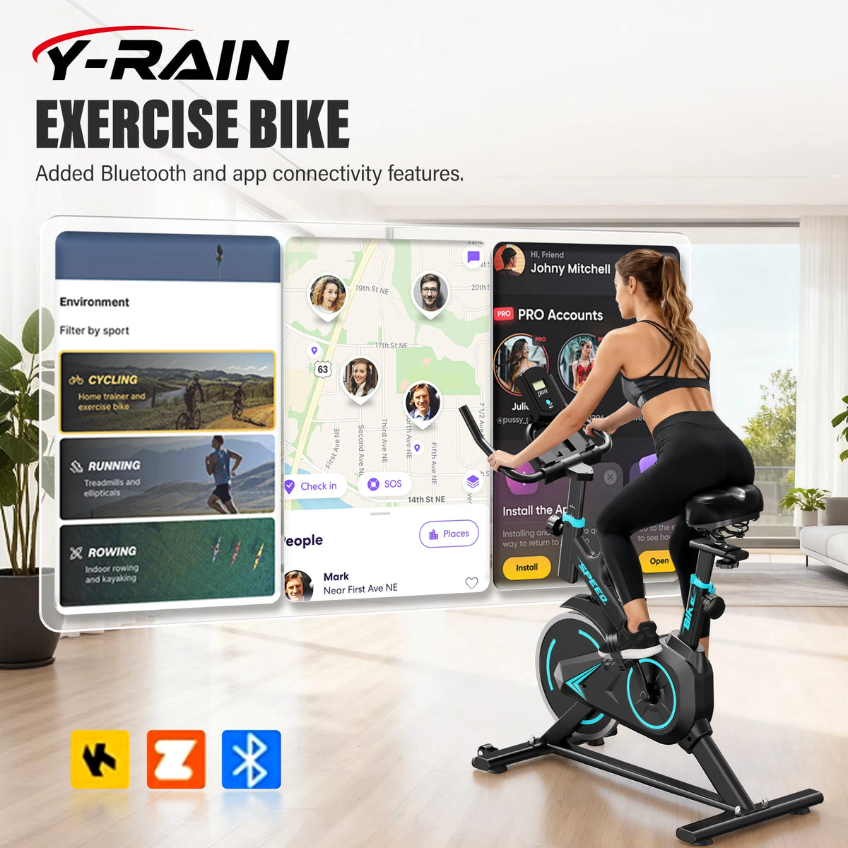 Black upright spin exercise bike with blue accents, featuring a digital display, cushioned seat, and app connectivity.