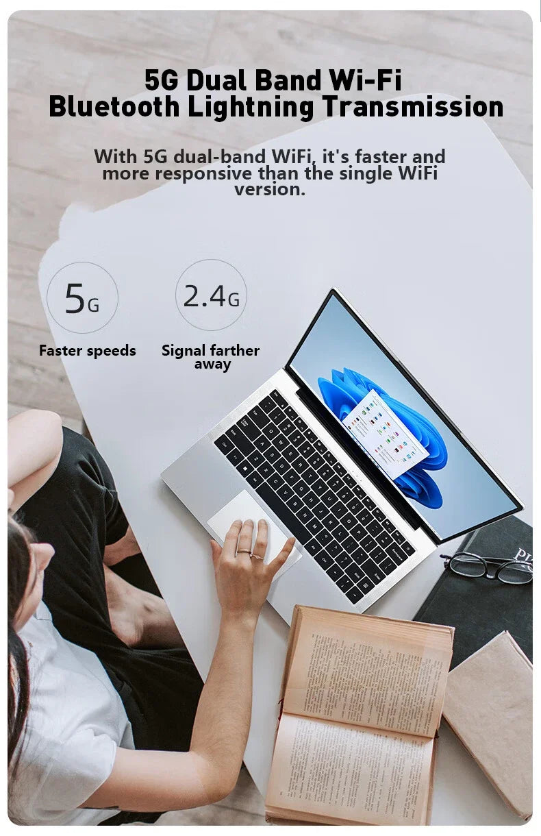 Ultra-slim silver 14.1-inch laptop showing Windows 11 desktop, with 5G Wi-Fi connectivity icons overlaid.