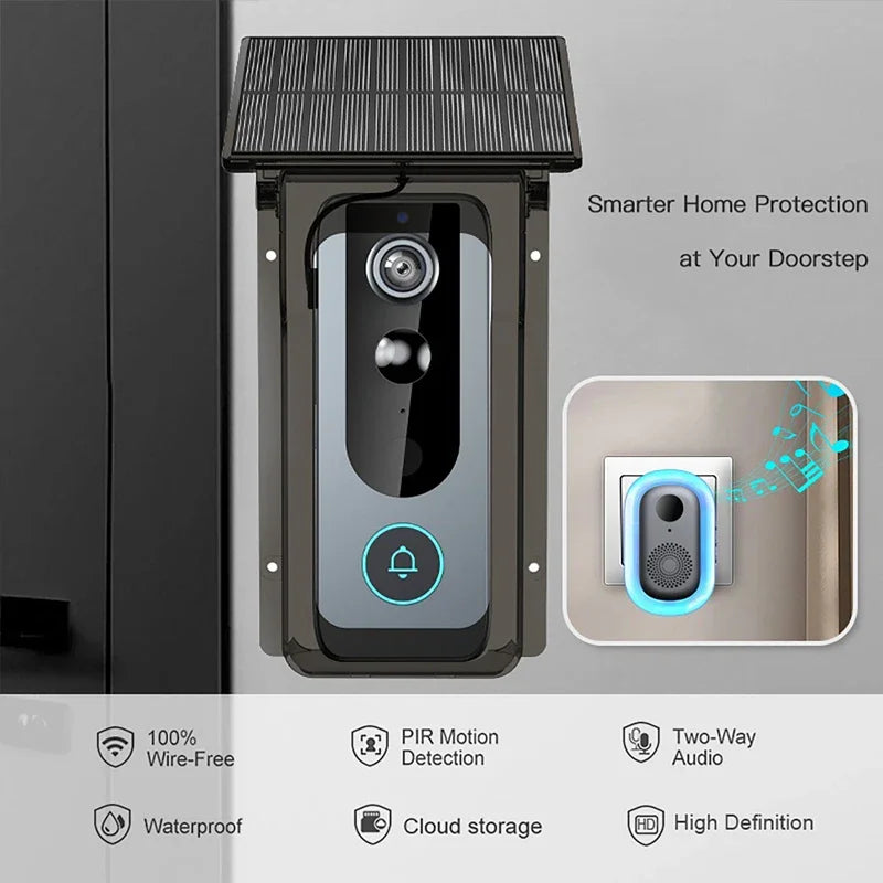 Black wireless smart video doorbell with a solar charging rain shield, motion detection, and an indoor chime unit.