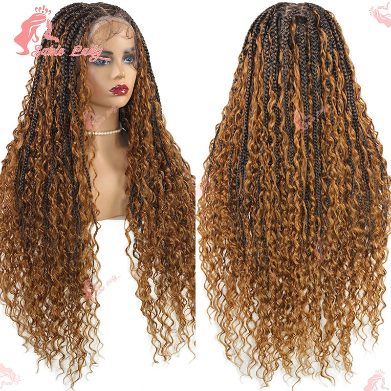 32-inch blonde and brown knotless box braid wig with curly bohemian ends, shown from front and back.