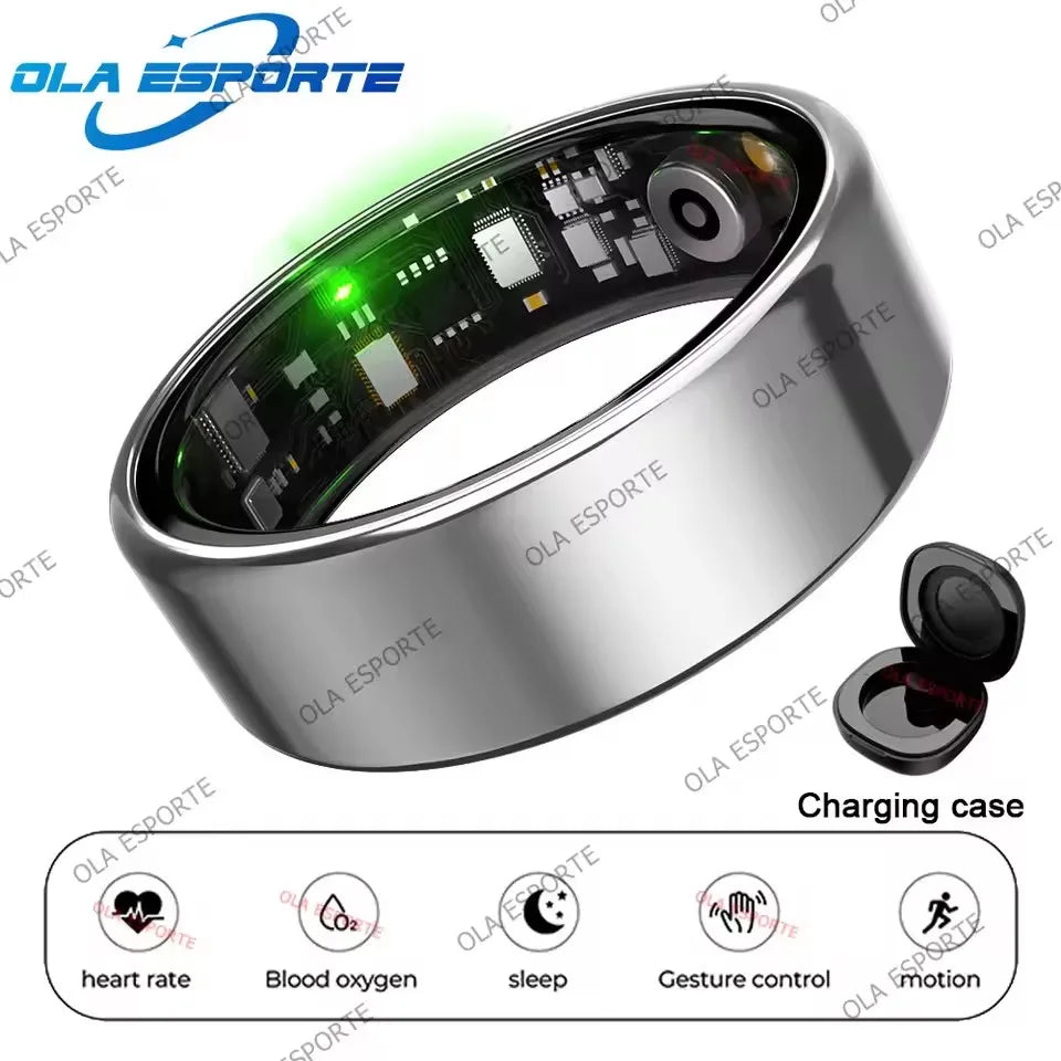 Silver smart fitness ring showing inner health sensors and a charging case, with icons for tracking health and motion.