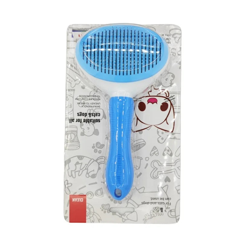 Blue and white pet slicker brush in original blister packaging featuring cartoon cat and dog illustrations.