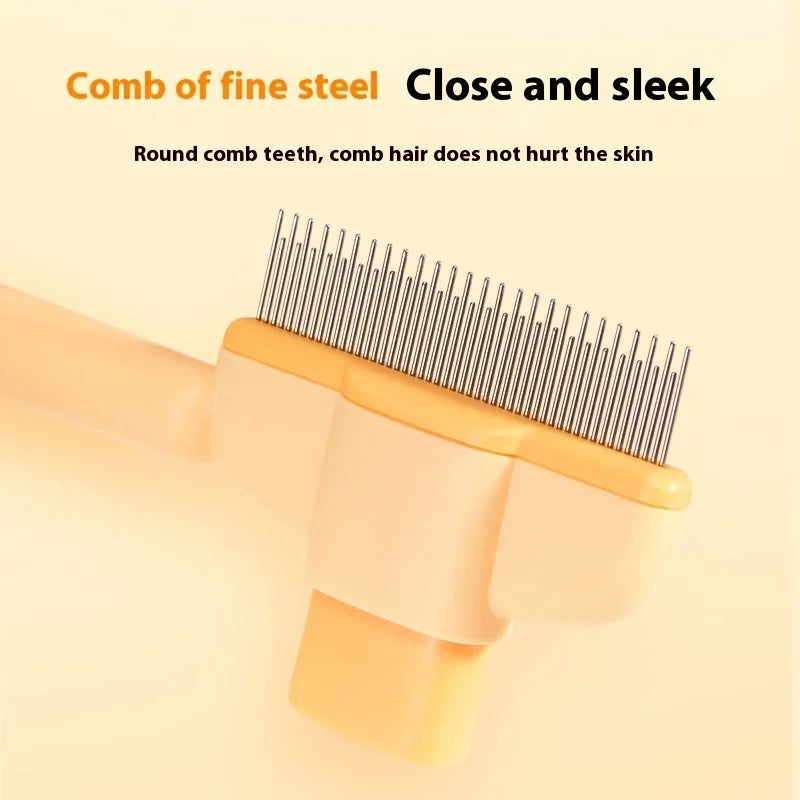 Pet grooming comb with a cream-coloured handle and fine, stainless steel teeth for gentle detangling.