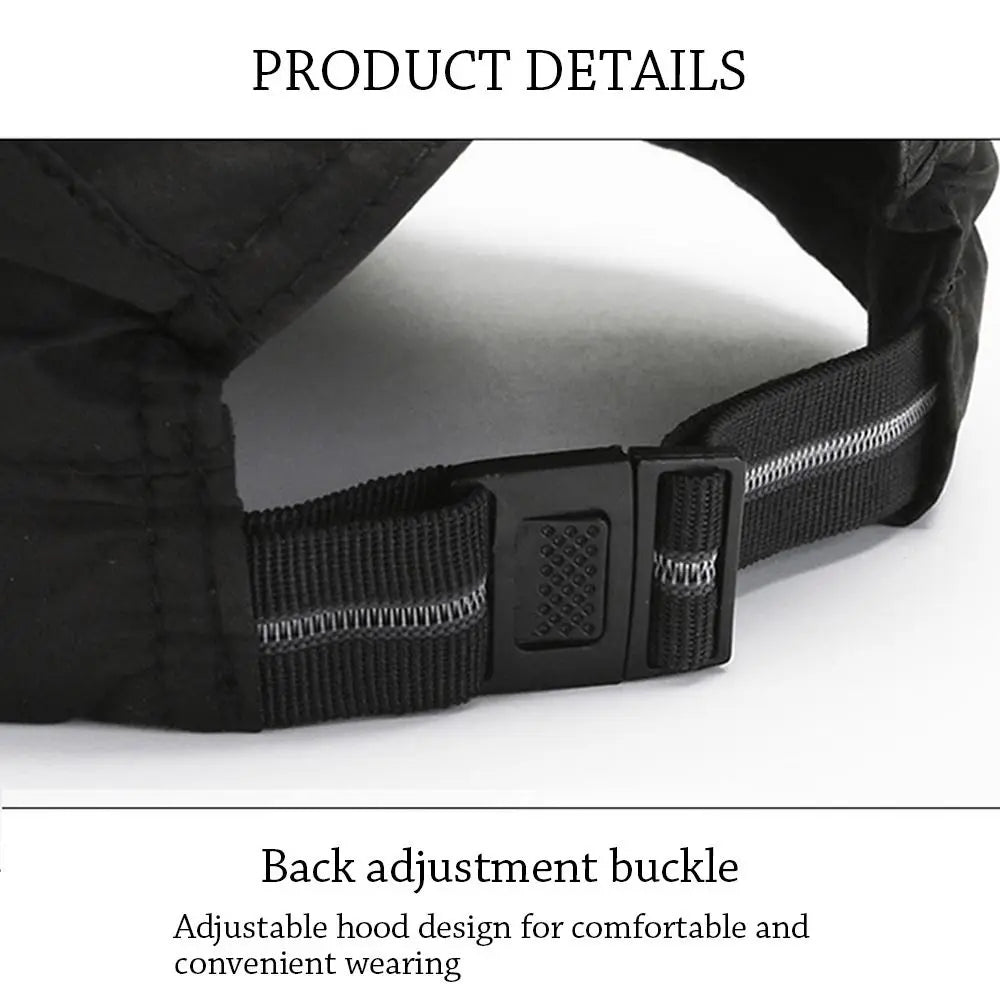 Close-up of the back of a black newsboy cap featuring an adjustable elastic strap with a plastic snap-lock buckle.