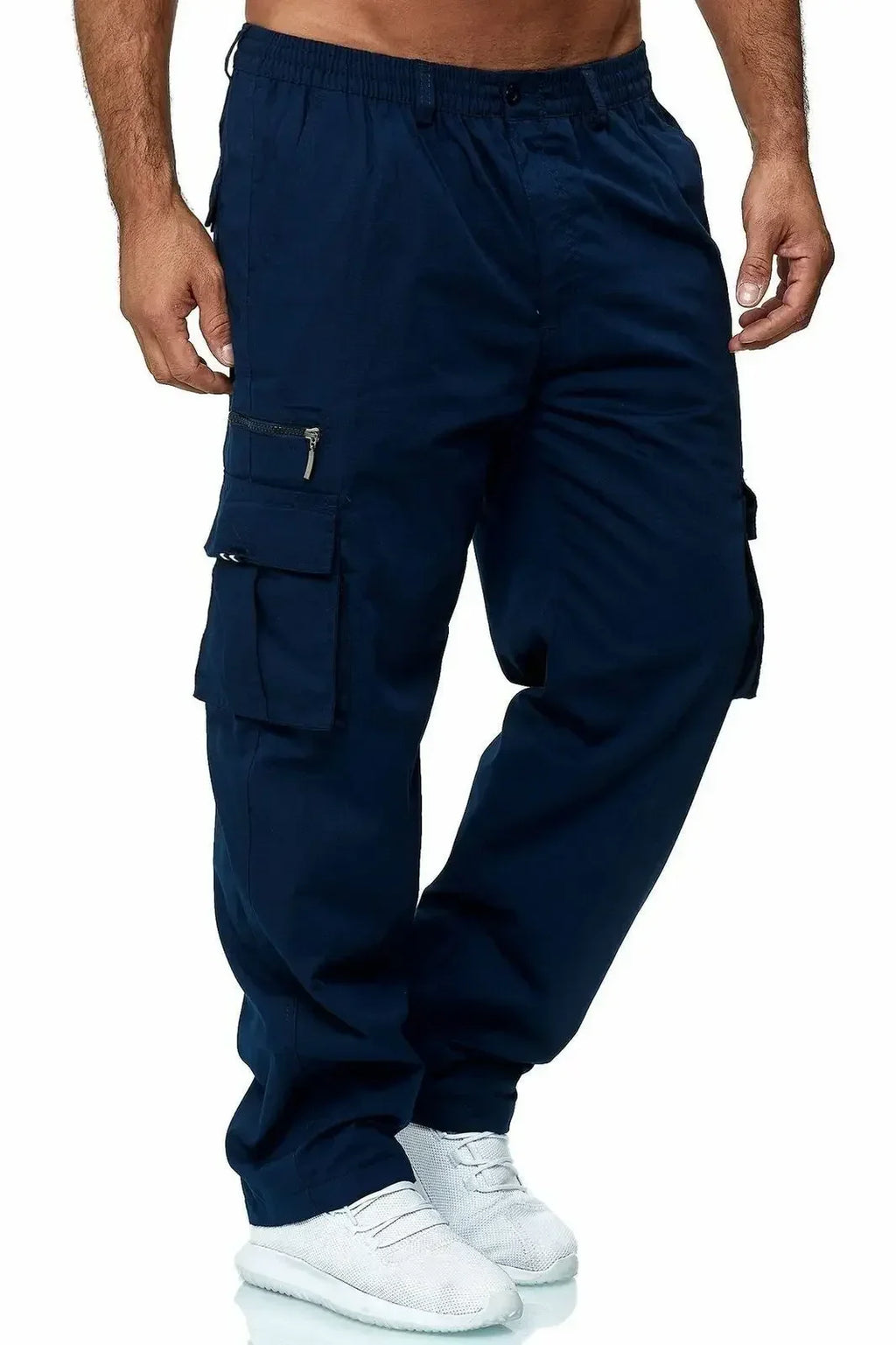 Men’s navy blue casual workwear trousers with an elasticated waistband and multiple side cargo pockets.