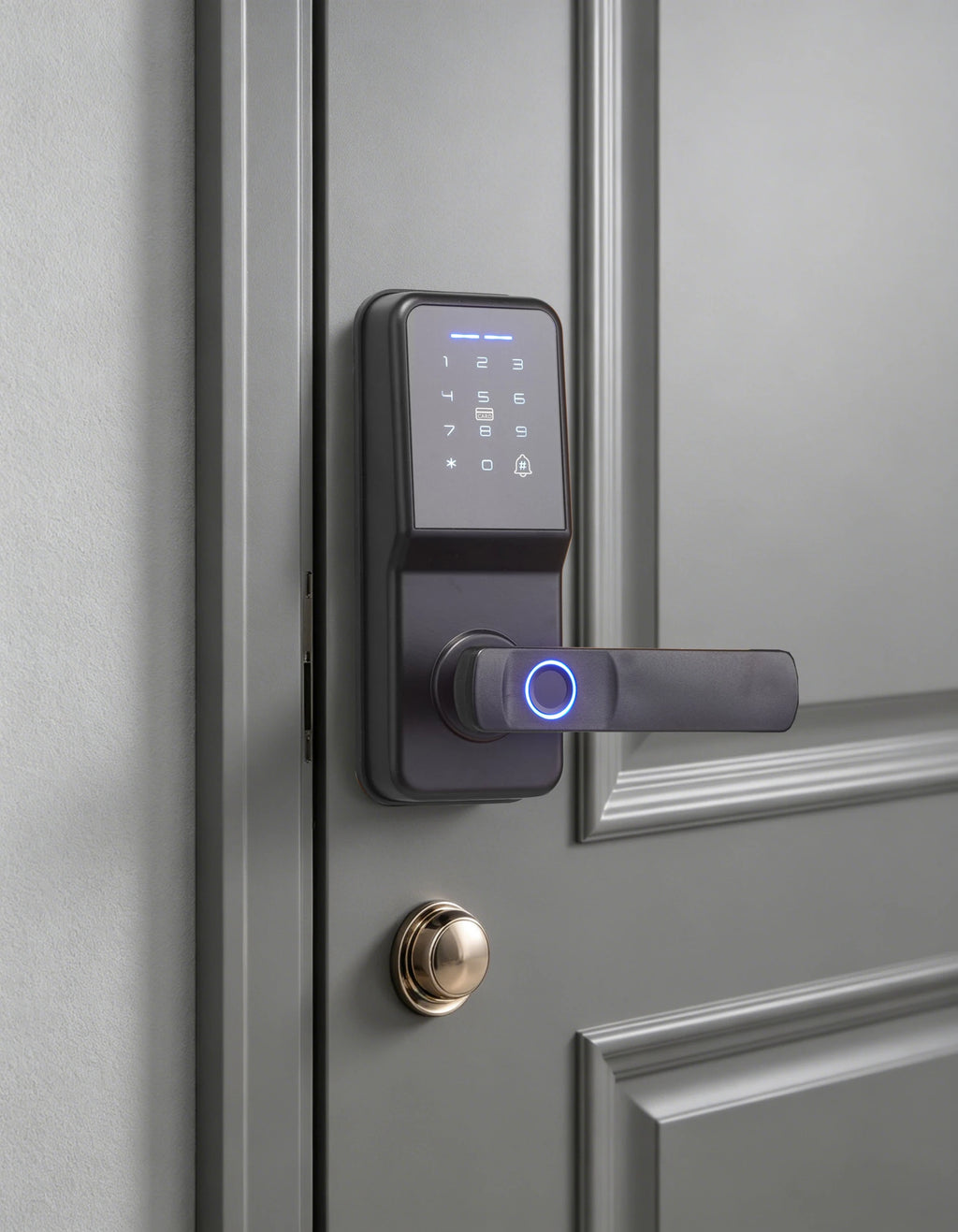 Matte black metal smart door lock with a digital keypad, fingerprint scanner, and blue LED light on a gray door.