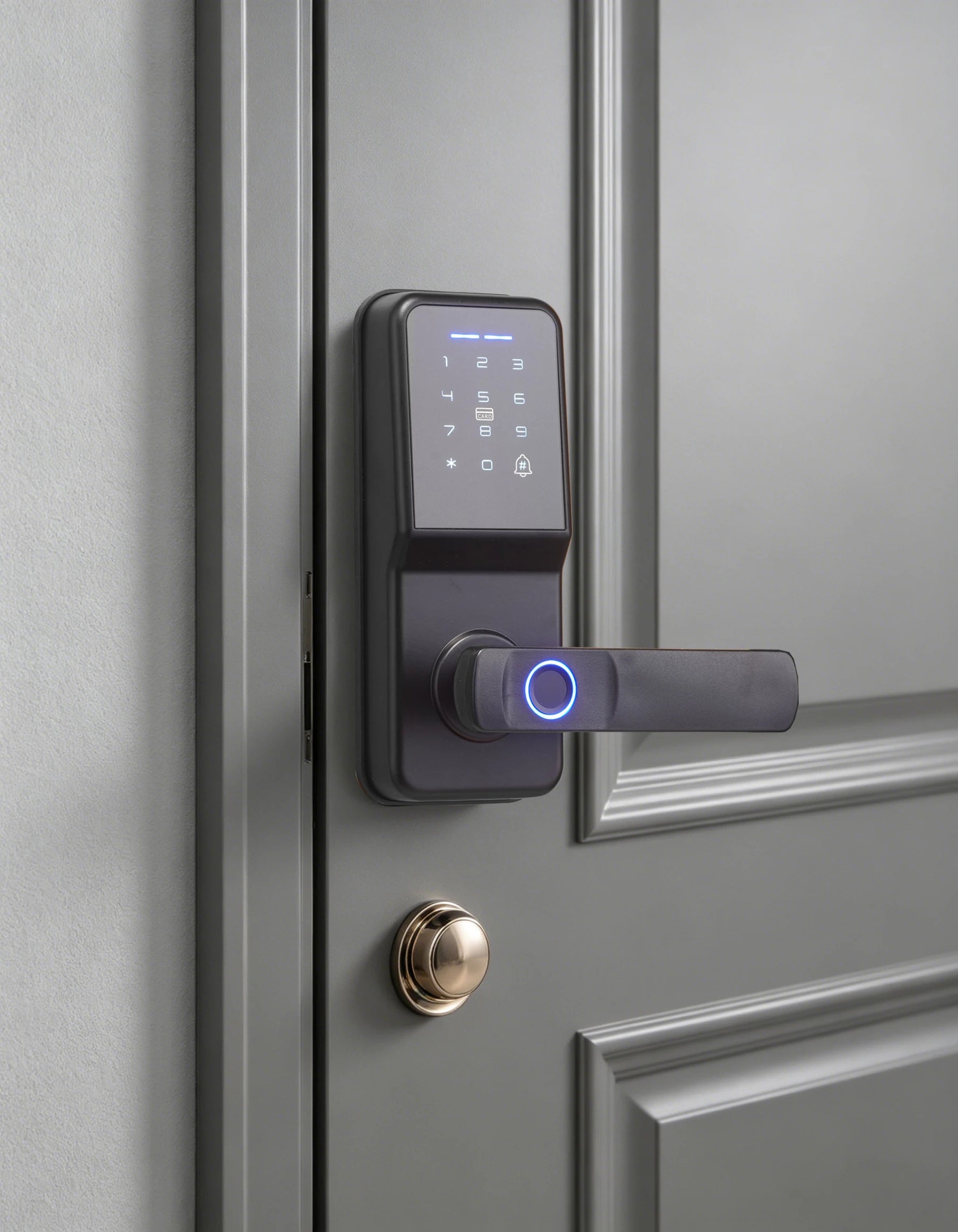Matte black metal smart door lock with a digital keypad, fingerprint scanner, and blue LED light on a gray door.