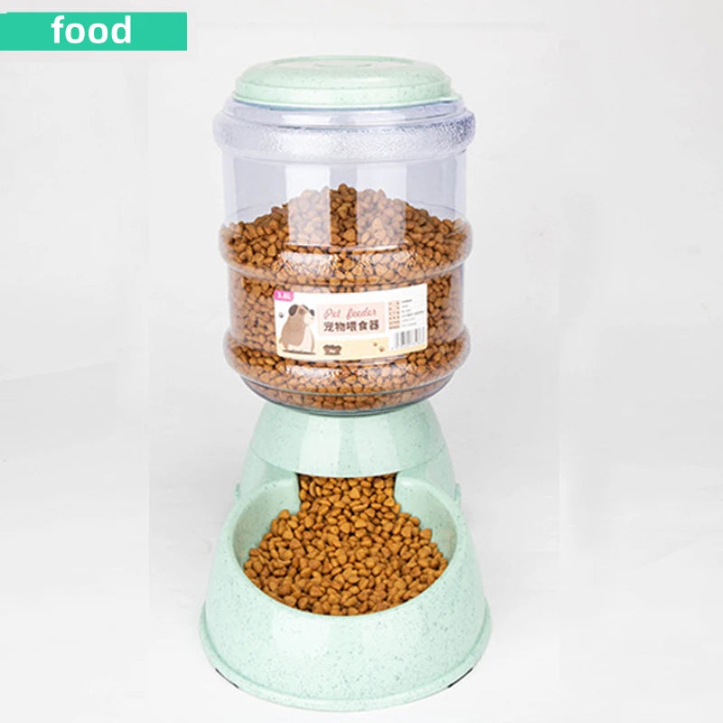 Light green automatic pet feeder with a clear storage container filled with brown dry kibble.