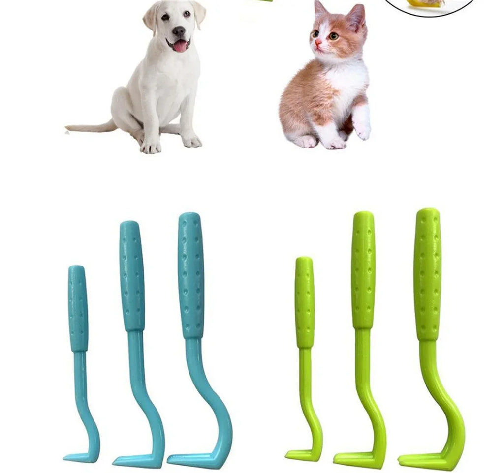 Set of blue and green plastic tick removal tools in three sizes, shown with a dog and kitten.