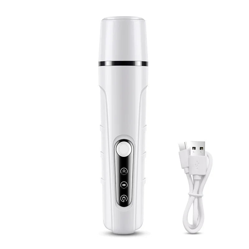 White electric pet nail grinder with LED light, featuring a control panel and USB charging cable.