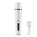 White electric pet nail grinder with LED light, featuring a control panel and USB charging cable.