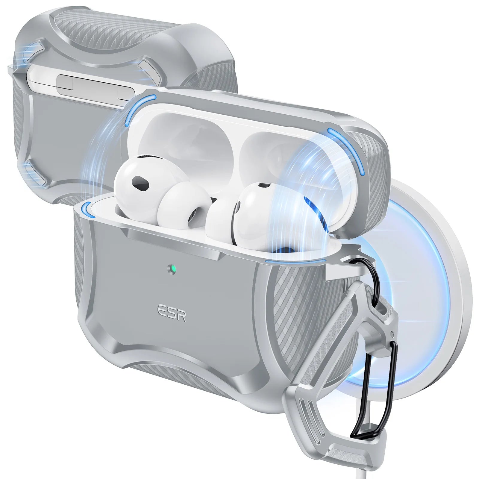 Silver rugged protective case for AirPods Pro, with textured finish, carabiner, and wireless charging compatibility.