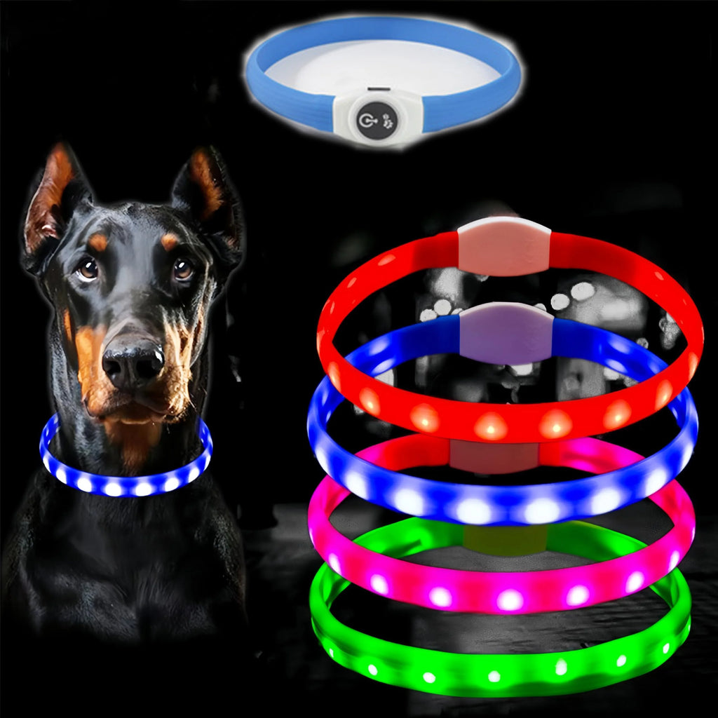 A Doberman wears a glowing blue LED collar, with a stack of red, blue, pink, and green waterproof collars shown nearby.