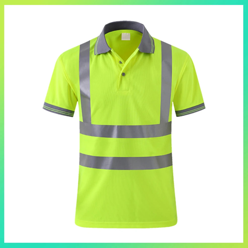 High-visibility yellow polo shirt with a grey collar and reflective silver tape strips on the chest and sleeves.