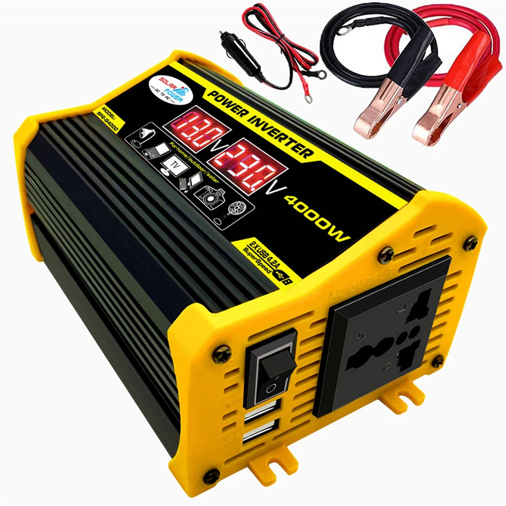 Portable black and yellow car power inverter with digital display, AC outlet, USB ports, and battery cable accessories.