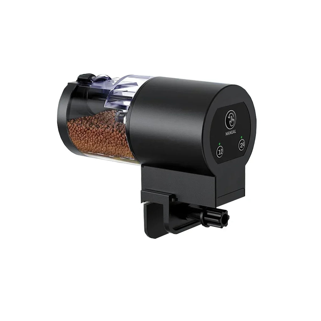 Black automatic fish feeder with transparent food container, digital buttons, and a secure mounting clamp.