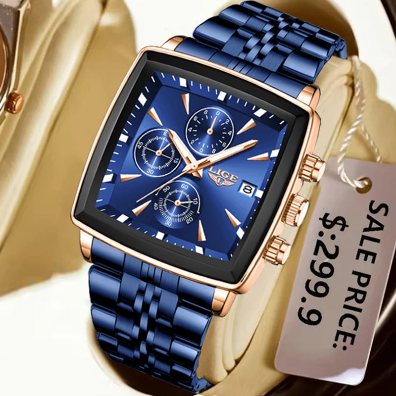 LIGE blue and gold square chronograph watch with three sub-dials and metal link bracelet.