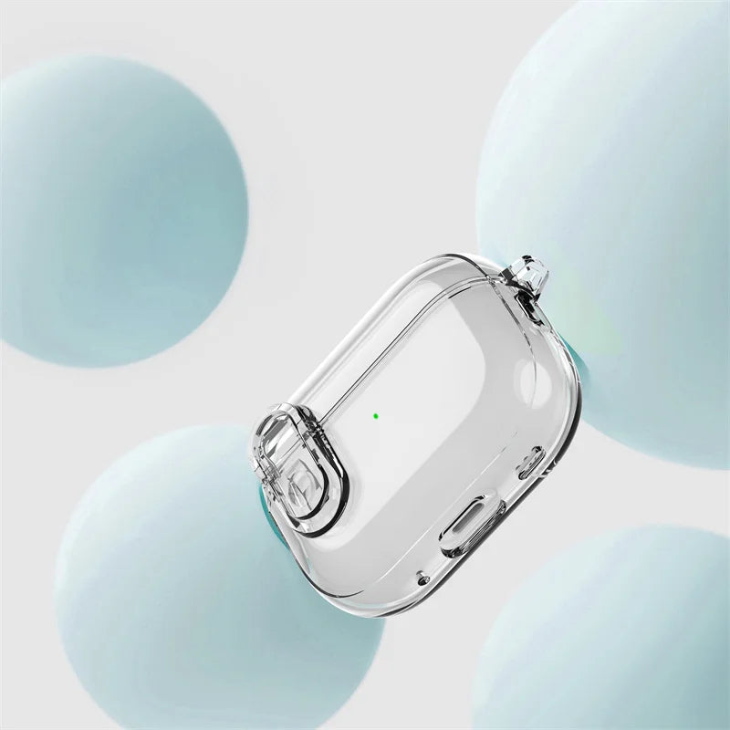Clear protective hard case for AirPods Pro, featuring a latch closure and charging port access.