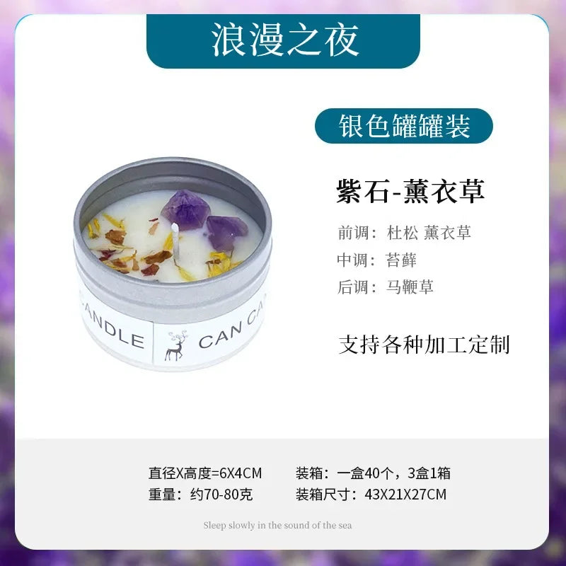 Lavender-scented candle in a silver metal tin, topped with dried petals and purple amethyst crystal accents.