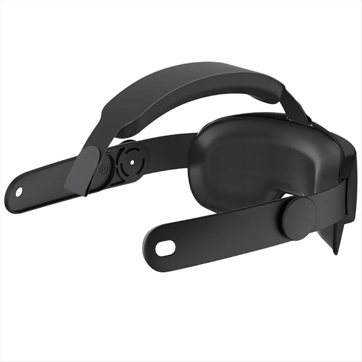 Black adjustable VR headset comfort strap with padded overhead support and secure side mounts.