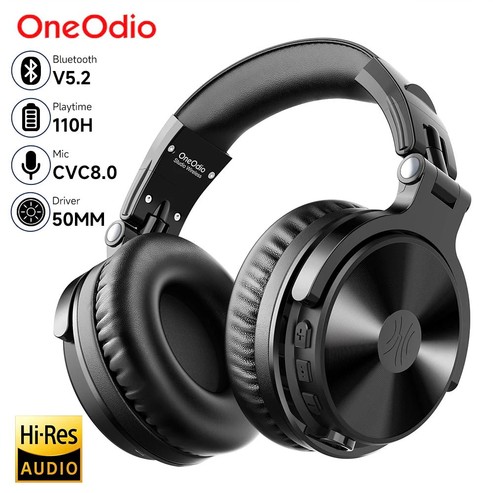 Black wireless over-ear headphones with cushioned pads, featuring 110-hour battery life and Bluetooth connectivity.