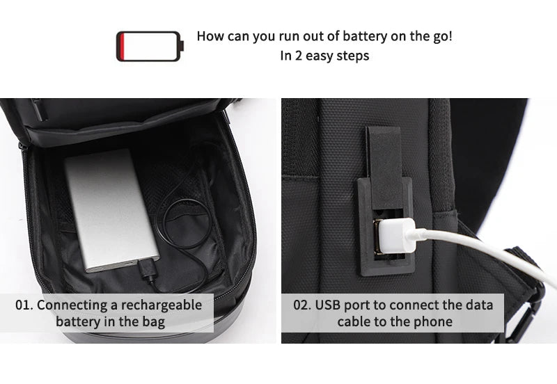 Black waterproof crossbody sling bag showing an internal power bank connection and an external USB charging port.