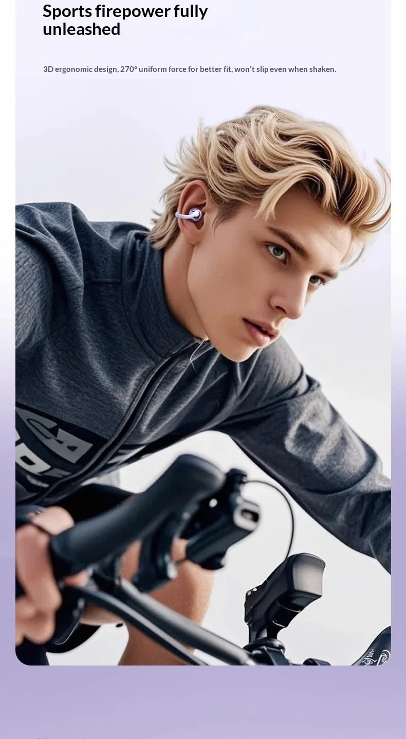 A person cycling while wearing sleek, light-colored ergonomic ear-clip headphones designed for active use.