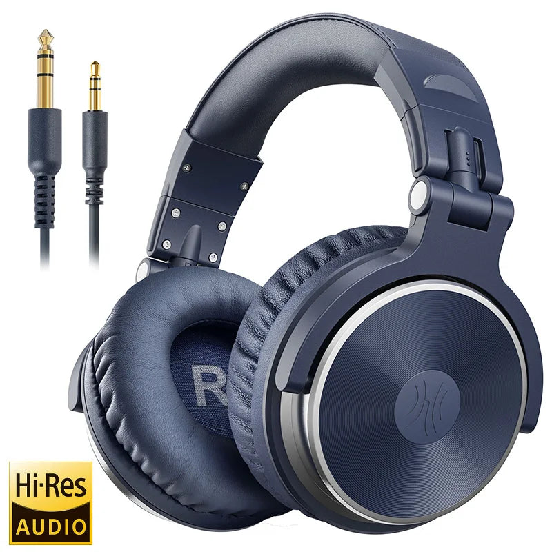Navy blue wired over-ear studio headphones with cushioned ear cups and two detachable gold-plated audio jacks.