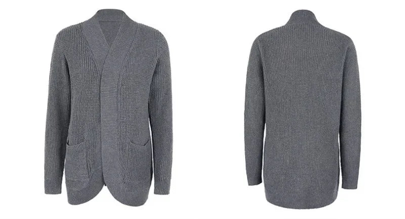 Dark grey open-front knitted cardigan with shawl collar, long sleeves, and two front pockets.
