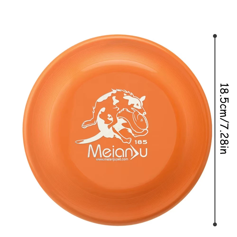 Bright orange, 18.5cm dog training flying disc featuring a white graphic of a dog catching a frisbee.