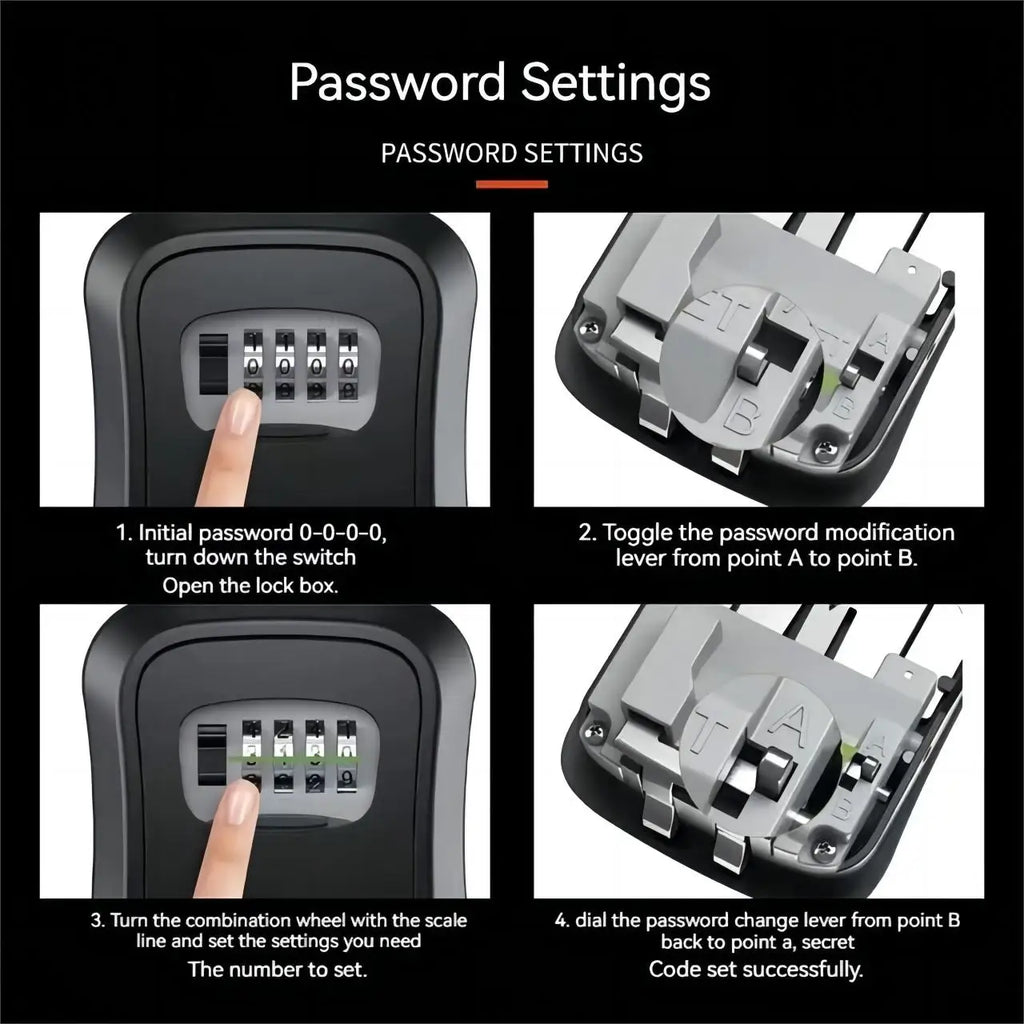 Black plastic key lock box with a four-digit combination dial and an internal password reset lever.