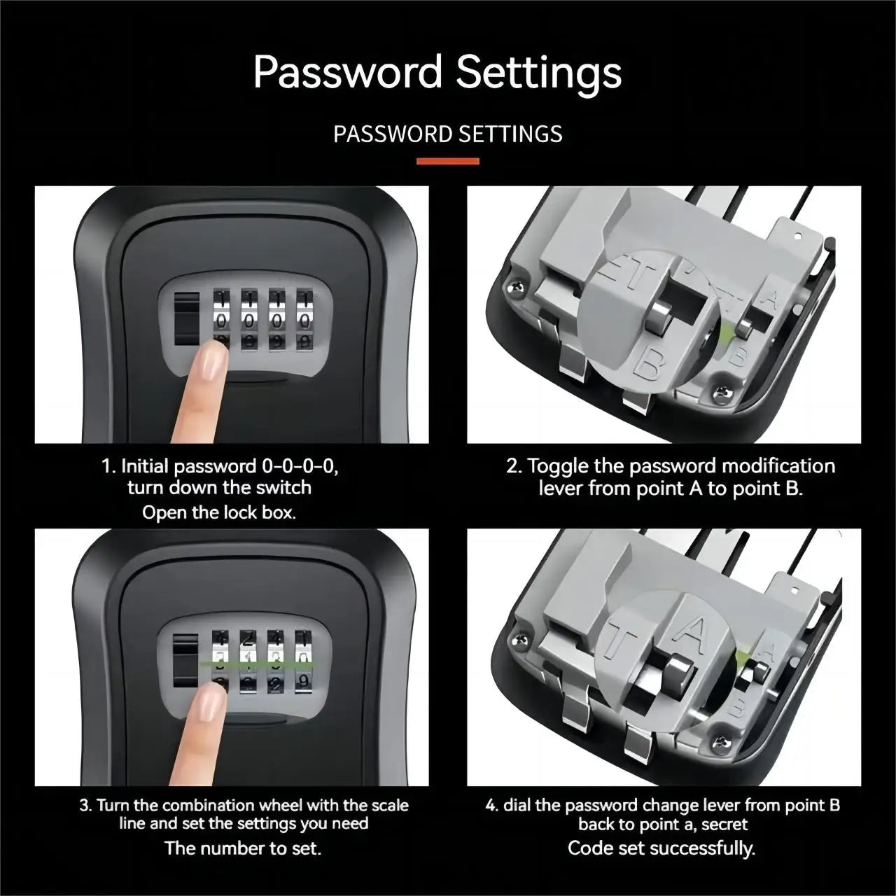 Black plastic key lock box with a four-digit combination dial and an internal password reset lever.