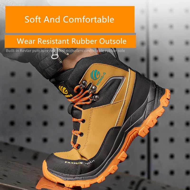 High-top safety work boot in black and tan with orange laces, steel toe, and rugged rubber outsole.