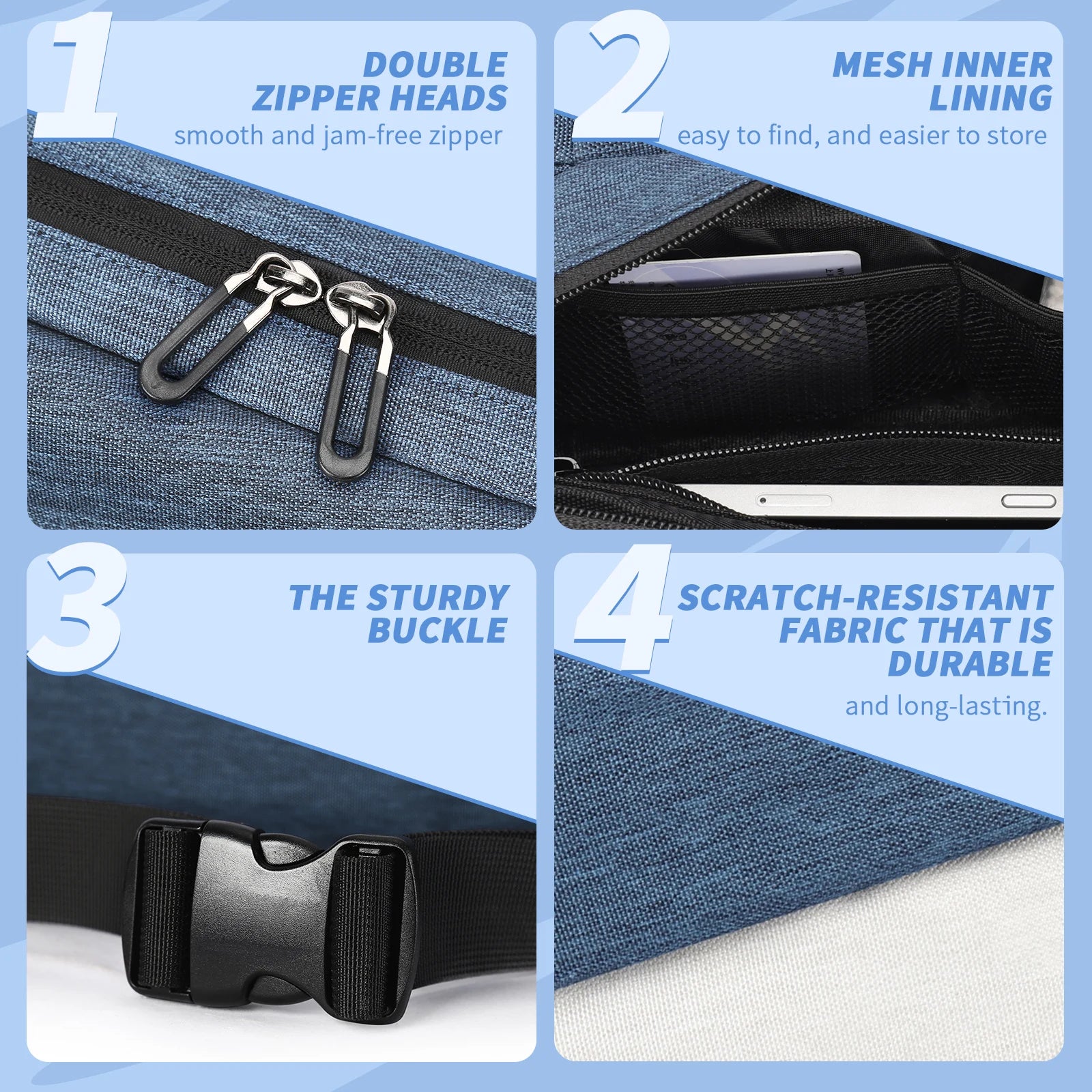 Blue anti-theft crossbody sling bag showing double zippers, mesh inner pockets, a sturdy buckle and durable fabric.