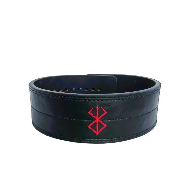 A wide black leather lifting belt with a red embroidered symbol on the front and white stitching.