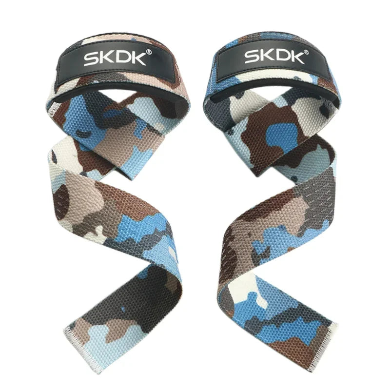 Pair of blue and brown camouflage gym lifting straps with black SKDK branded padded wrist supports.