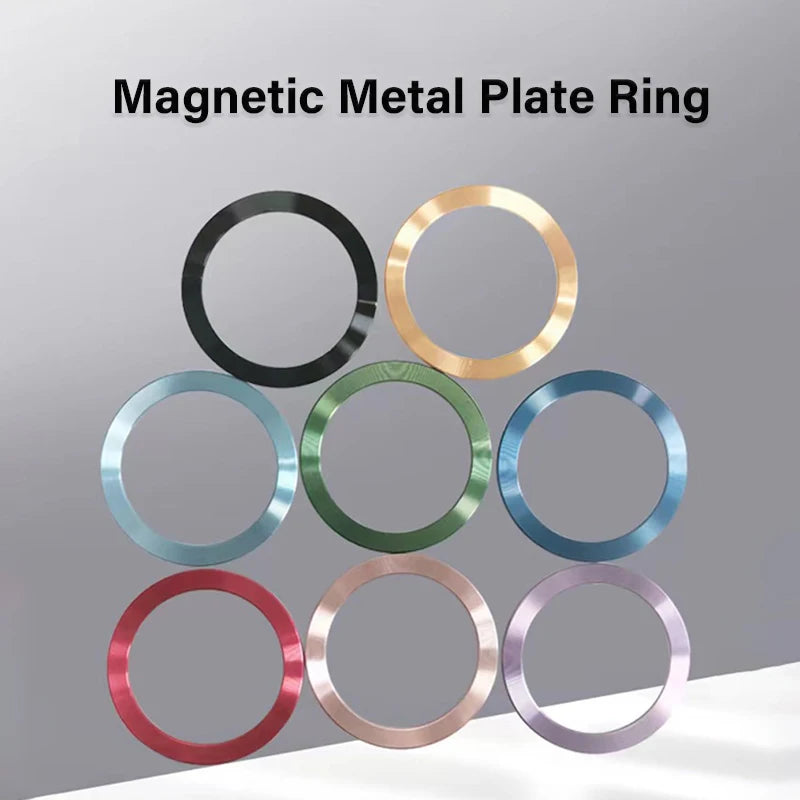 Eight round, metallic magnetic rings in various colors: black, gold, light blue, green, dark blue, red, rose gold, and pink.