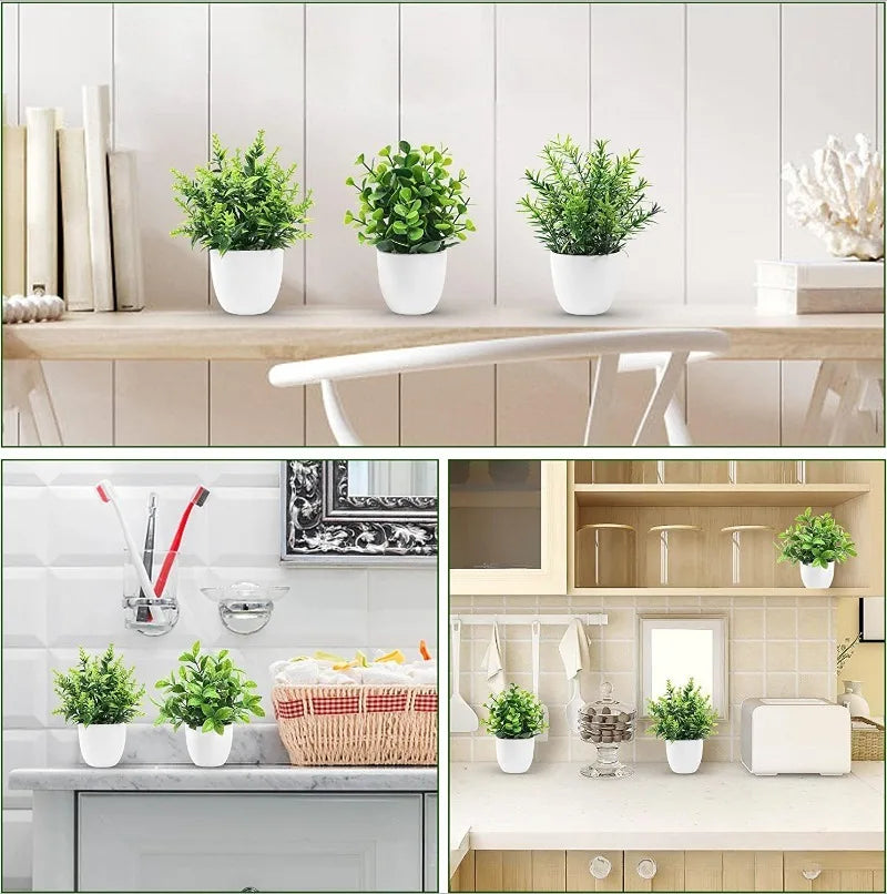 Three small artificial green plants in white pots shown in various home settings like a shelf, bathroom, and kitchen.