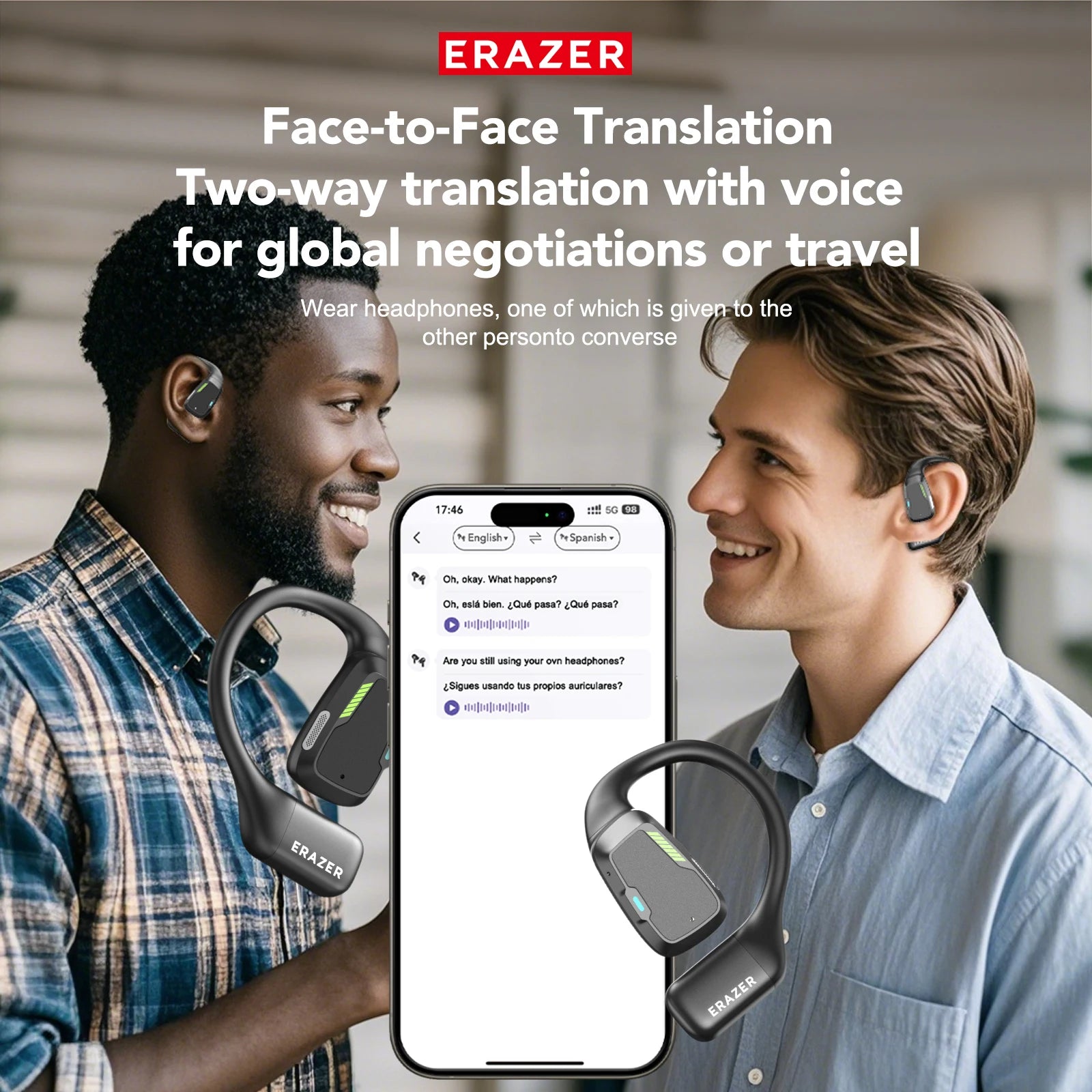 Two men wearing sleek, black, over-ear translation earphones, with a smartphone displaying a chat interface between them.