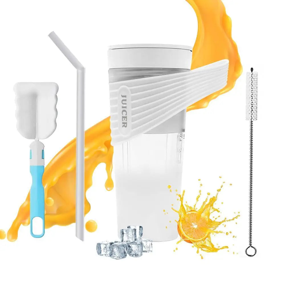 Portable white electric juicer blender set with straw, bottle brush, and cleaning sponge against an orange juice splash.
