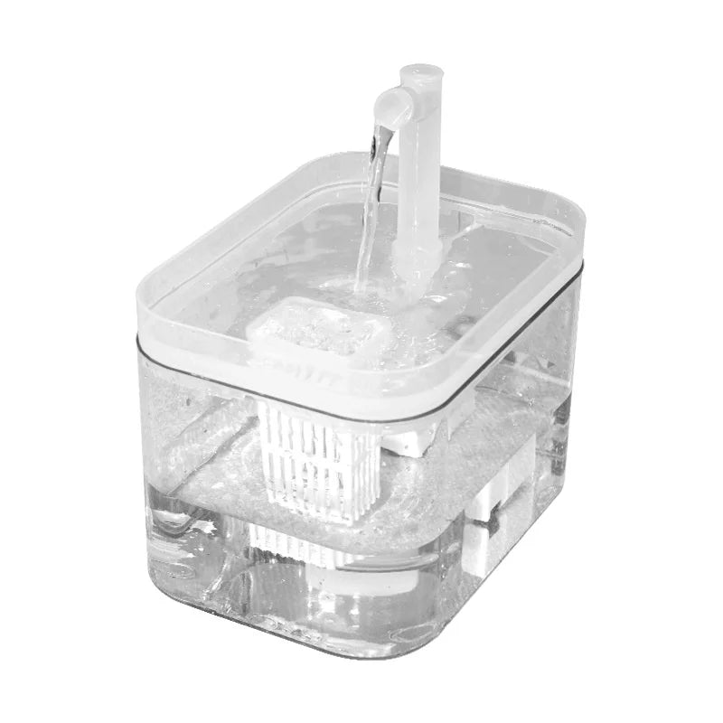 Clear, rectangular automatic pet water fountain with white trim, built-in filter, and circulating water spout.