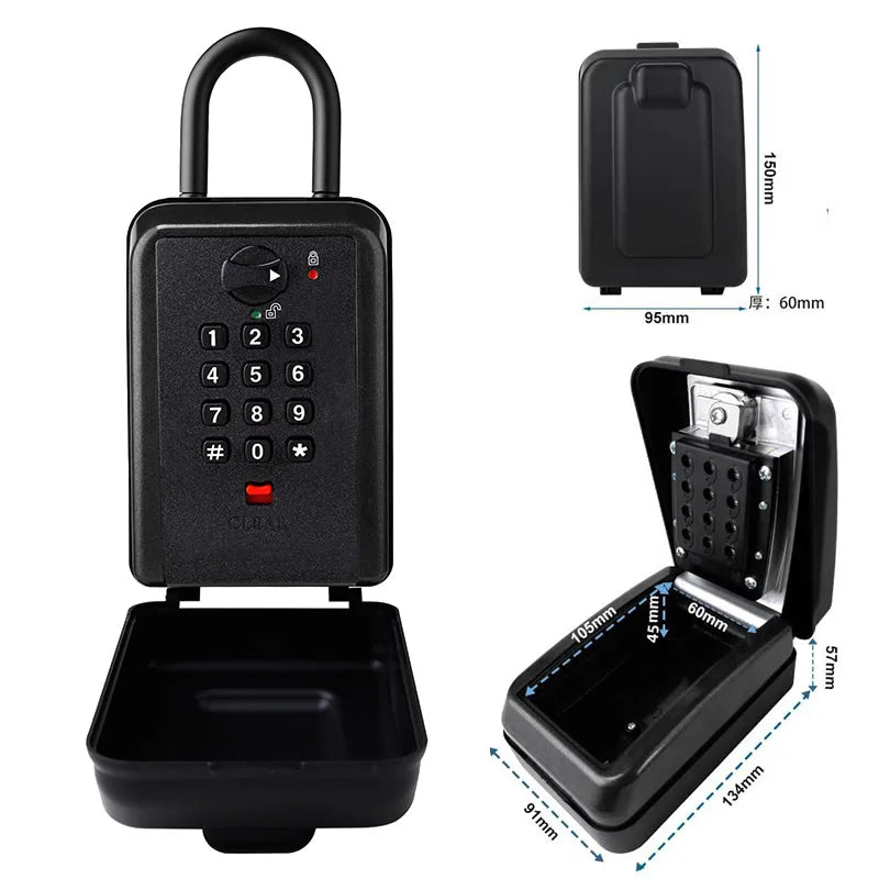 Black metal key lock box with a digital keypad, shackle, and dimensions labeled in millimeters.