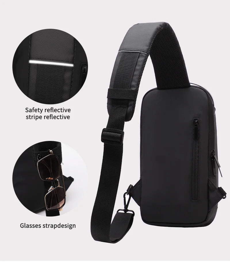 Black waterproof crossbody sling bag with a reflective safety stripe, adjustable strap and glasses holder loop.