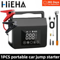 Black Hieha car jump starter with digital display, jumper cables, air hose, and nozzle attachments.