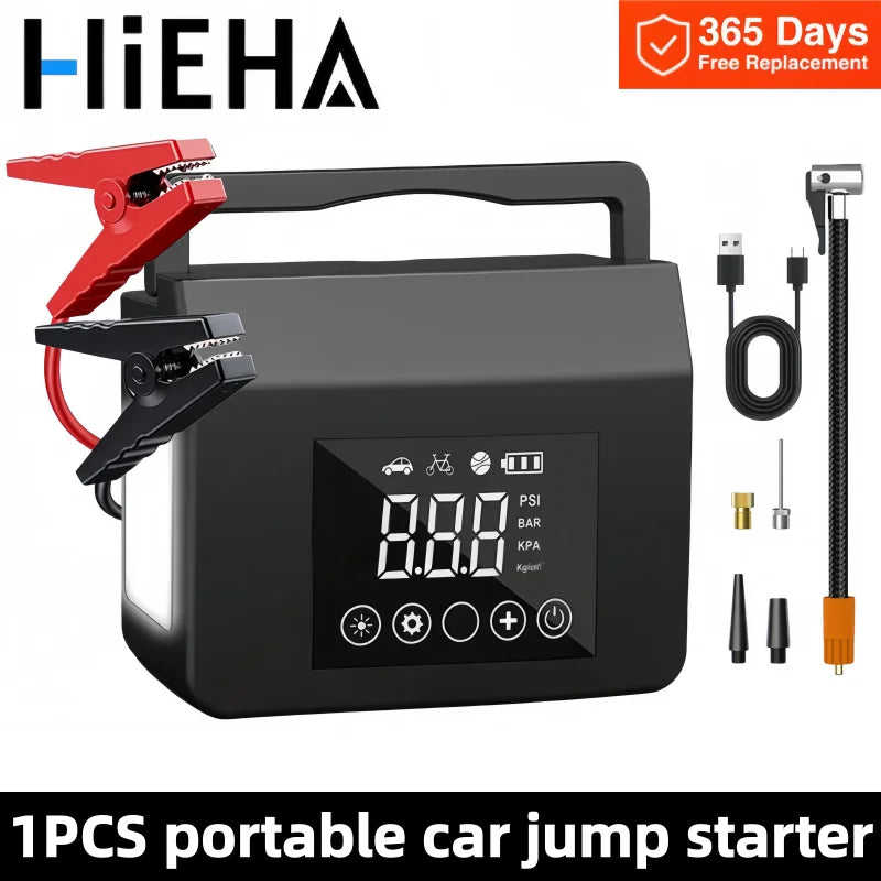 Black Hieha car jump starter with digital display, jumper cables, air hose, and nozzle attachments.