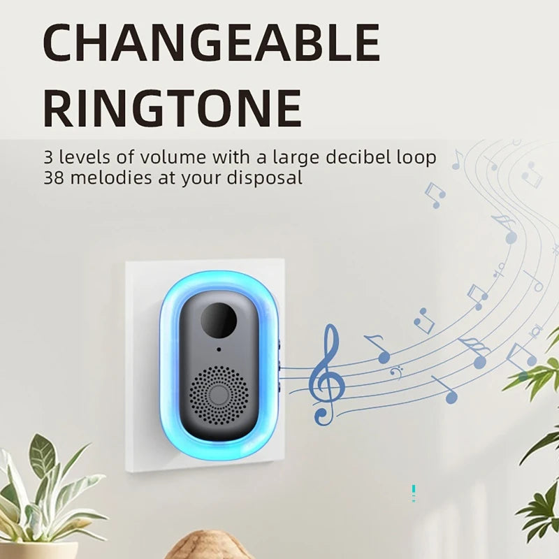 Modern white and grey smart doorbell with a glowing blue LED light ring, showcasing adjustable volume and melodies.