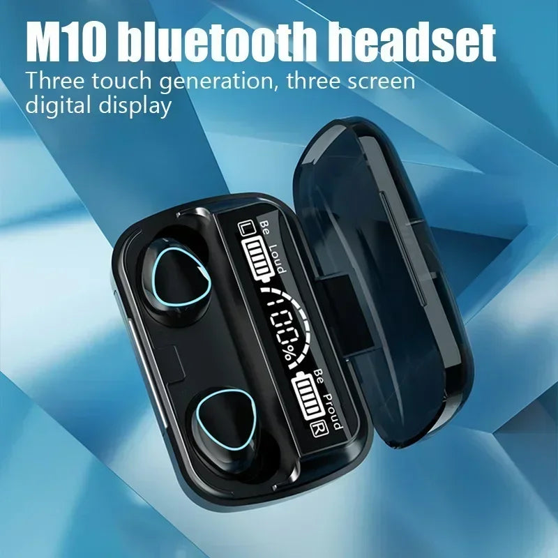 Black wireless earbuds in a charging case with a digital LED battery display on a blue background.