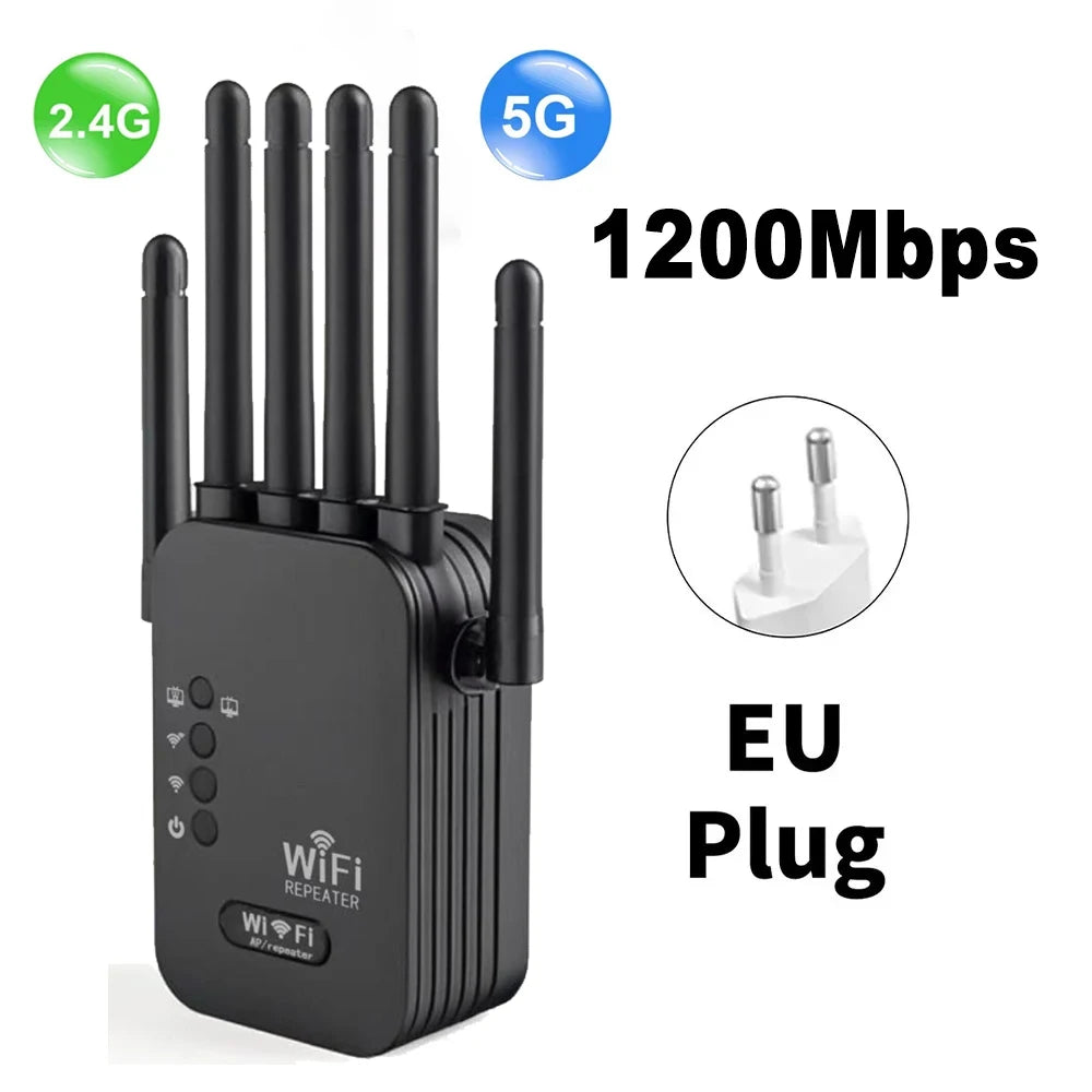 Black 1200Mbps dual-band WiFi repeater with four antennas and an EU plug.