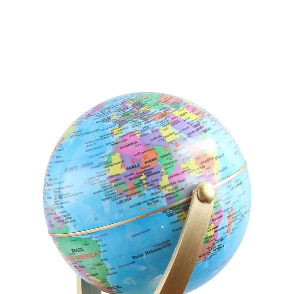A decorative desktop globe with a multi-coloured political map and a gold-tone metal stand on a white background.